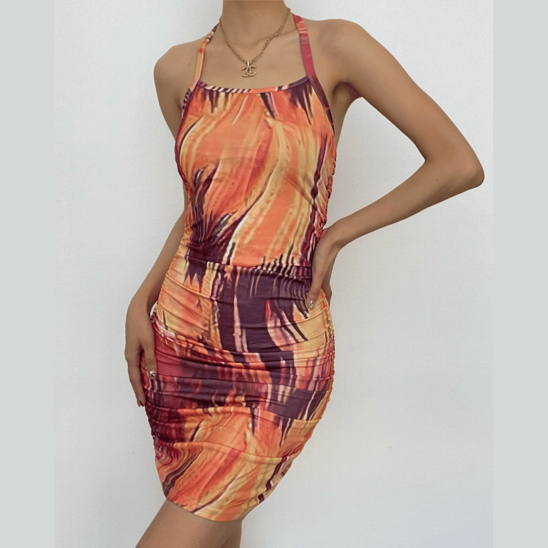 Abstract Marble Print Halter Ruched Bodycon Mini Dress 2