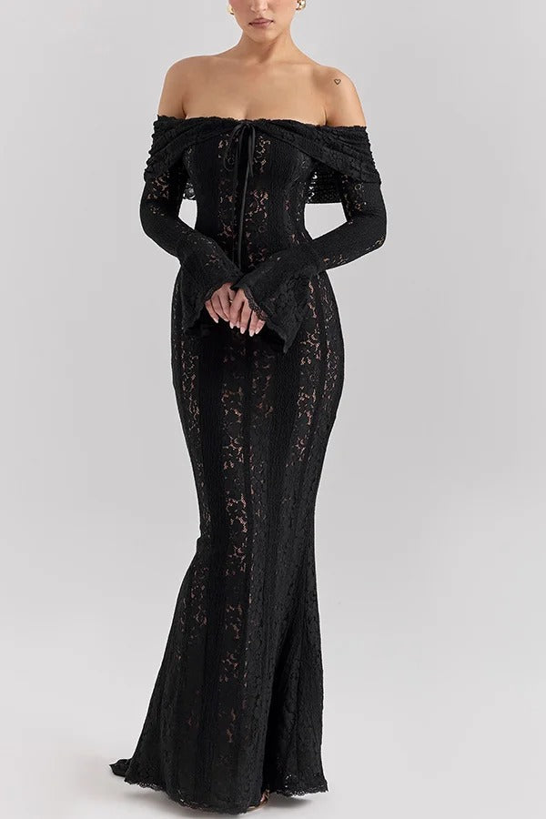Floral Lace Off Shoulder Bell Sleeve Mermaid Maxi Dress 2
