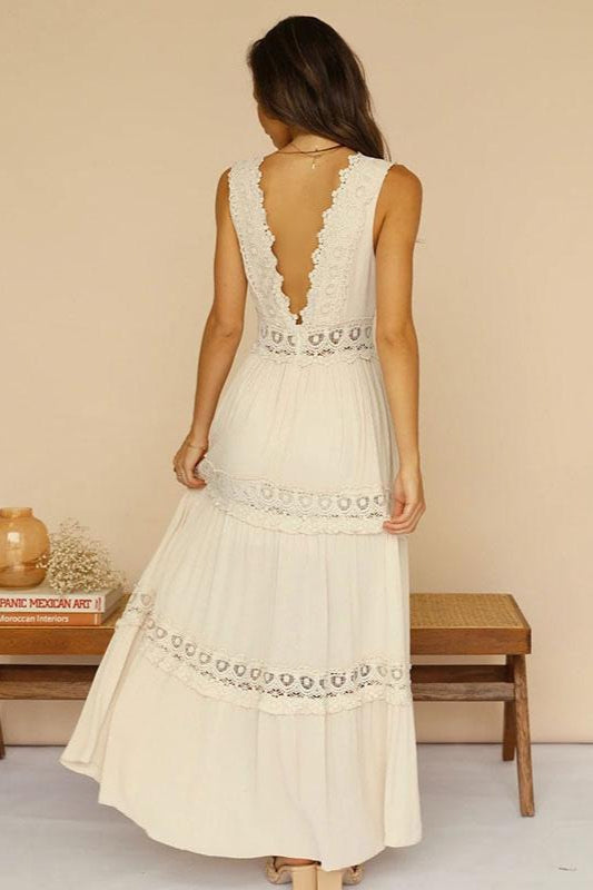 Lace Deep V-Neck Tiered Crochet Waist Boho Summer Maxi Dress 2