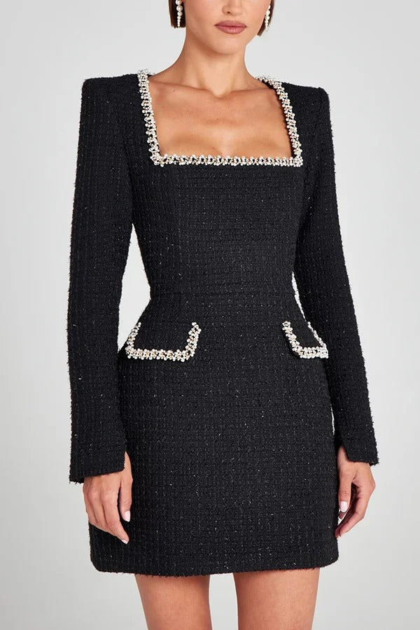 Tweed Square Neck Pearl Trim Long Sleeve Mini Dress 14