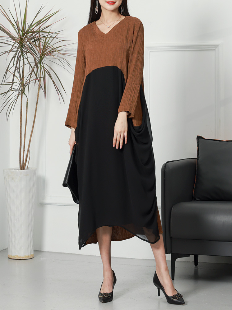 Deep V-Neck Crinkle Gauze Handkerchief Hem Oversized Long Sleeve Midi Dress 6