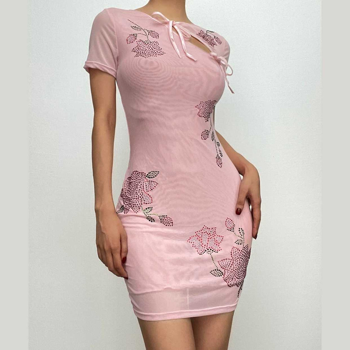Floral Rhinestone Mesh Ribbon Cutout Short Sleeve Mini Dress