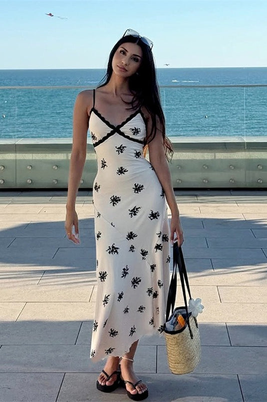 Floral Print Lace Trim Deep V-Neck Spaghetti Strap Empire Waist Slip Maxi Dress 4