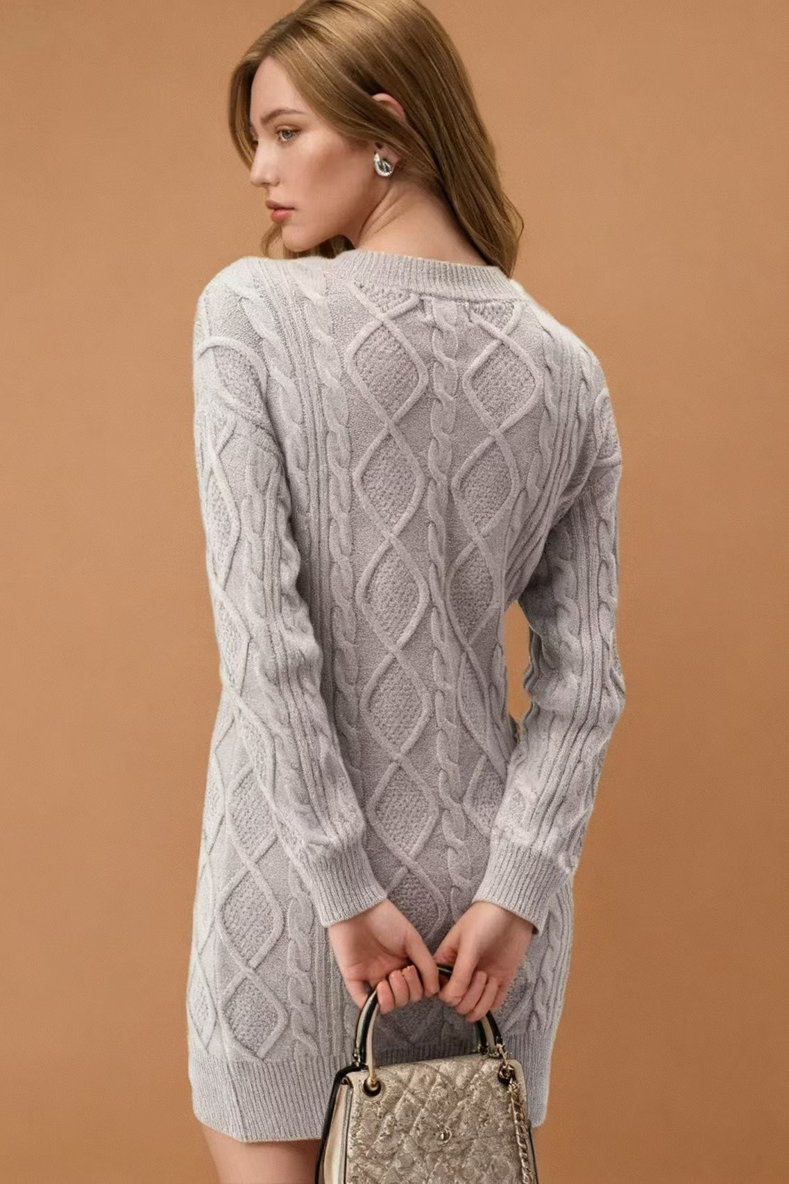 Cable Knit Diamond Pattern V-Neck Long Sleeve Sweater Mini Dress 11