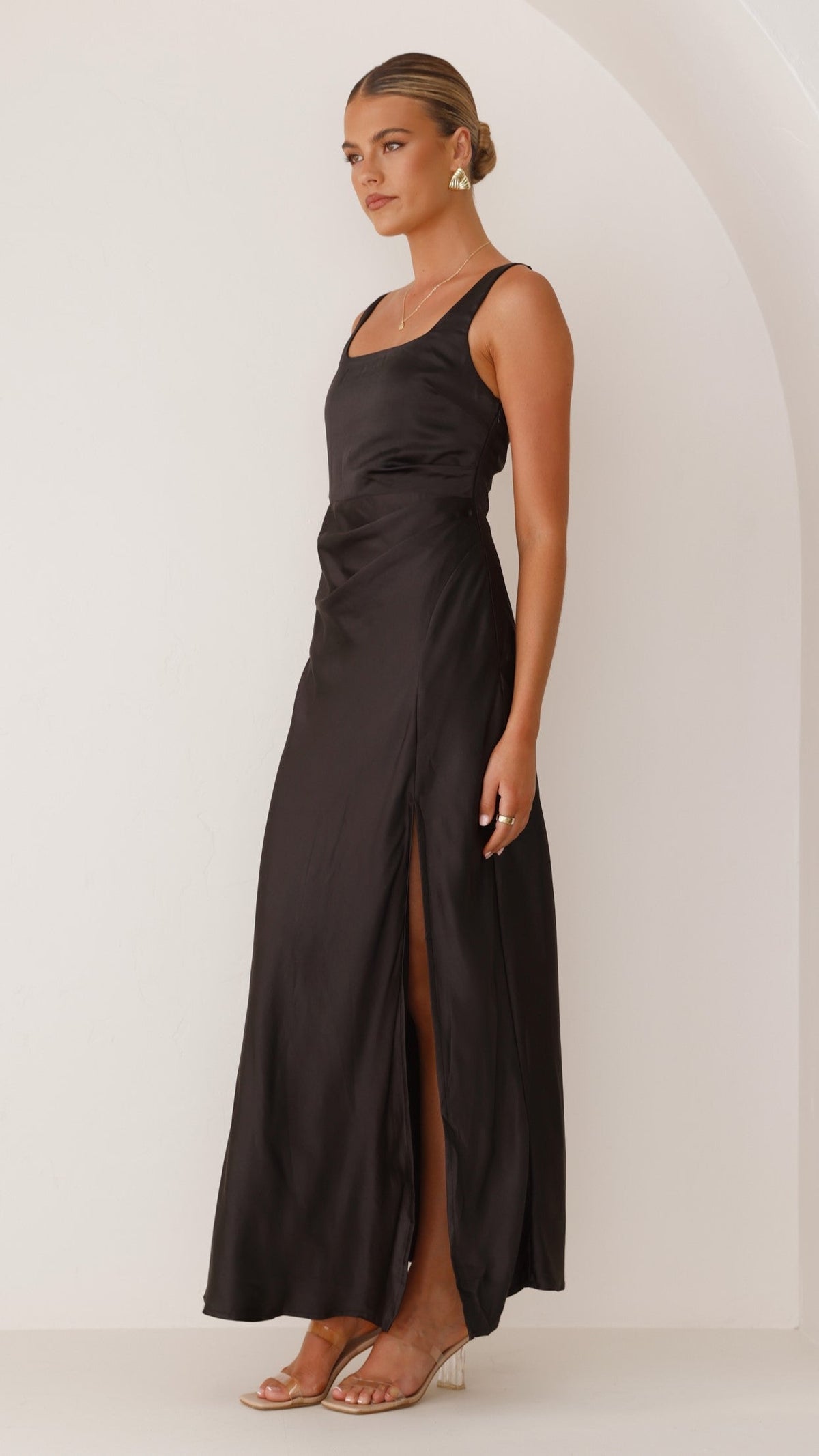 Satin Square Neck Wide Strap Side Slit Slip Maxi Dress 2