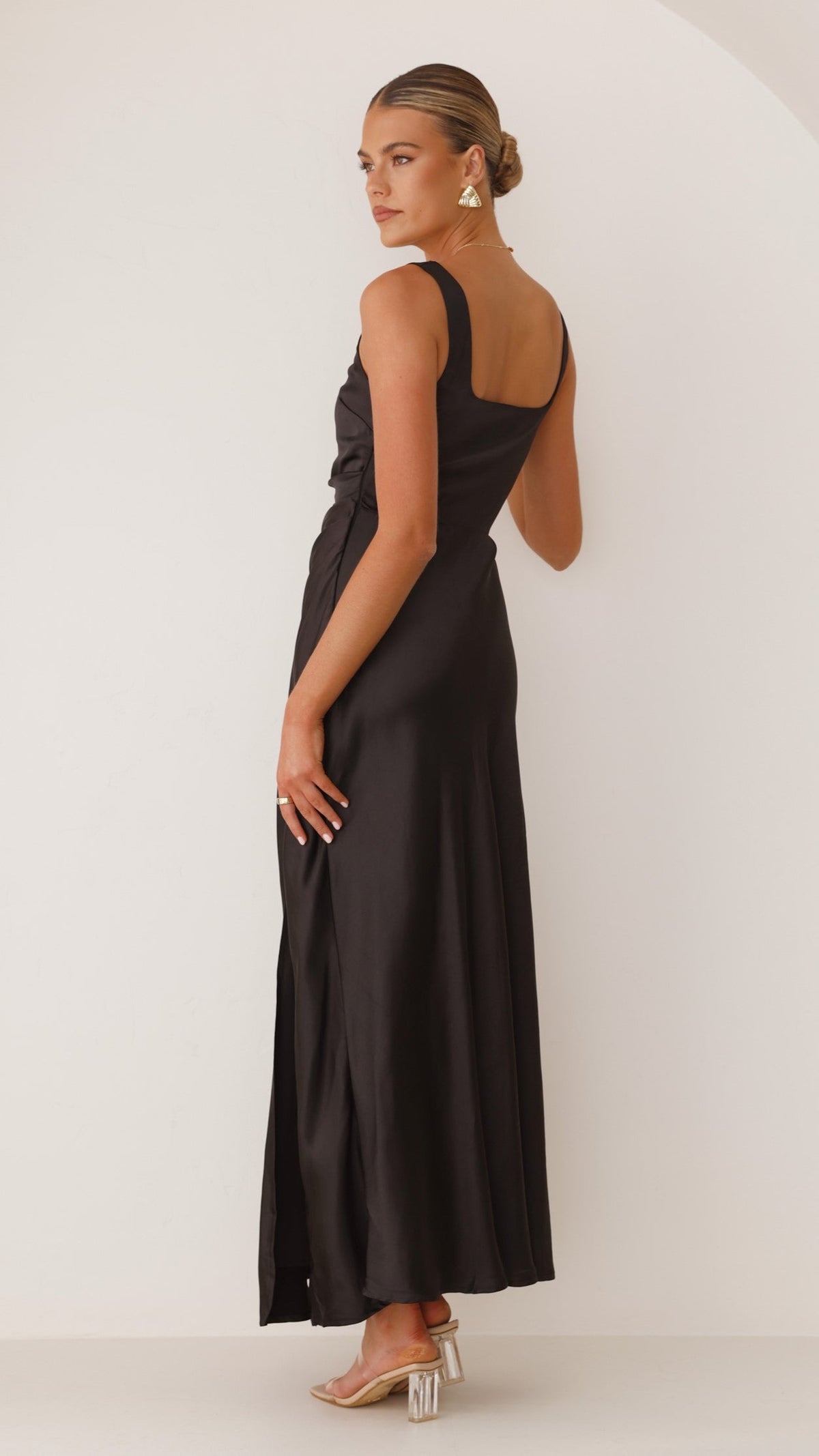 Satin Square Neck Wide Strap Side Slit Slip Maxi Dress 3