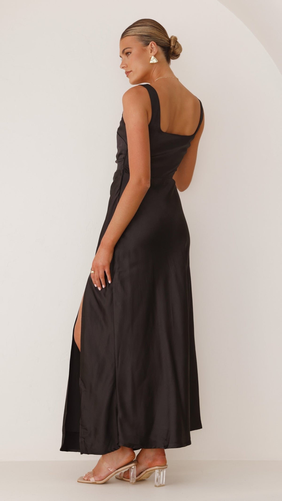 Satin Square Neck Wide Strap Side Slit Slip Maxi Dress