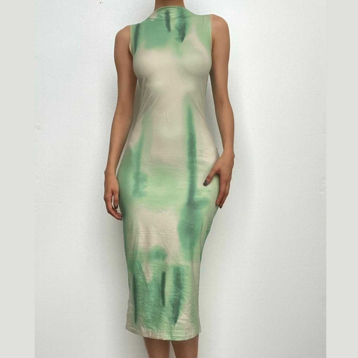 Mock Neck Sleeveless Abstract Tie Dye Bodycon Midi Dress