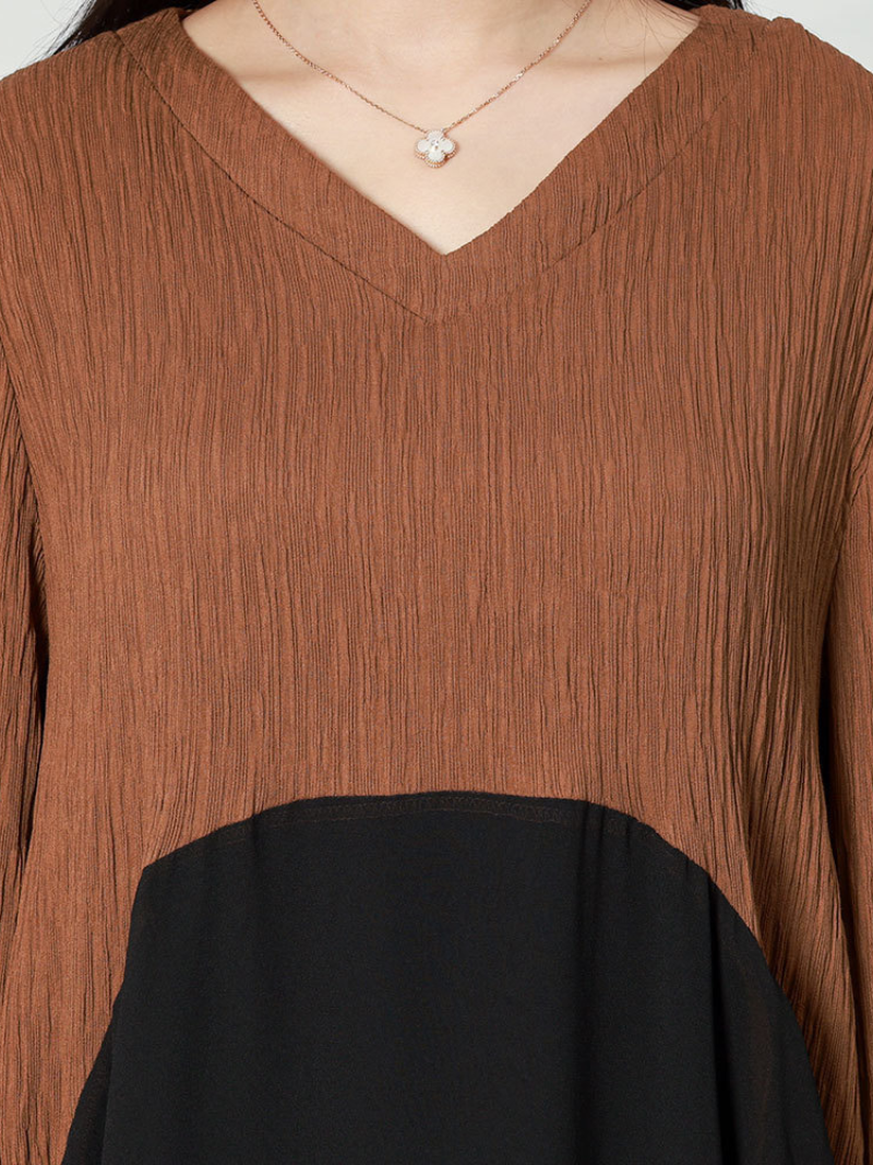 Deep V-Neck Crinkle Gauze Handkerchief Hem Oversized Long Sleeve Midi Dress 7