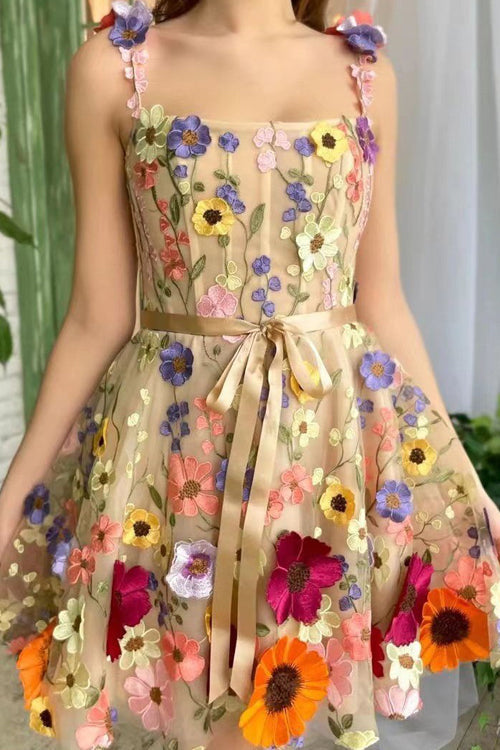 Square Neck Spaghetti Strap 3D Floral Applique Sheer Mesh Mini Dress 4