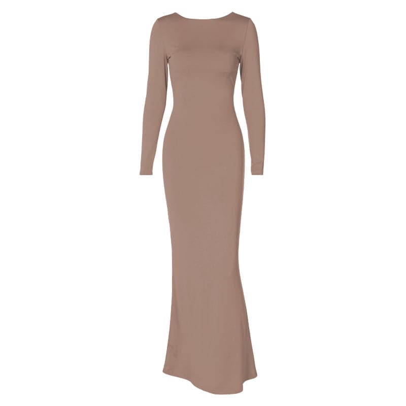 Crew Neck Long Sleeve Lace-Up Back Bodycon Mermaid Hem Maxi Dress 4