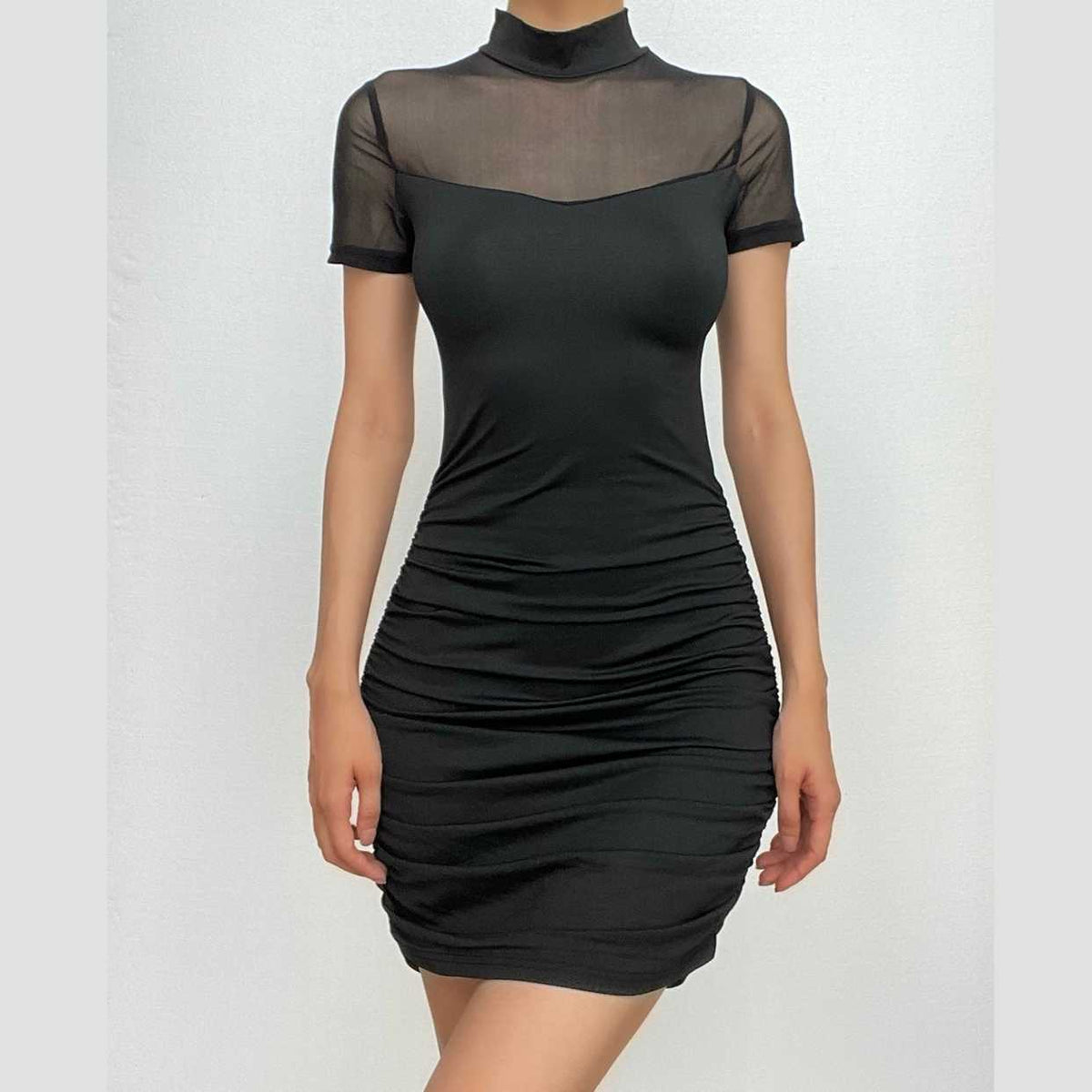 Mesh Mock Neck Short Sleeve Ruched Bodycon Mini Dress