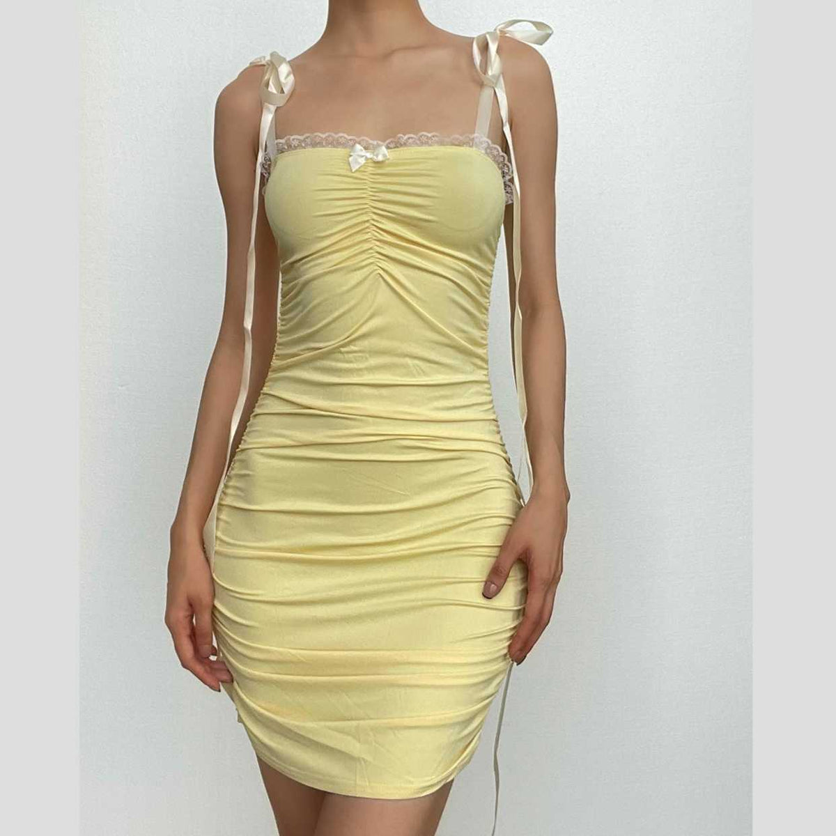 Lace Trim Bow Accent Tie Strap Ruched Bodycon Mini Dress