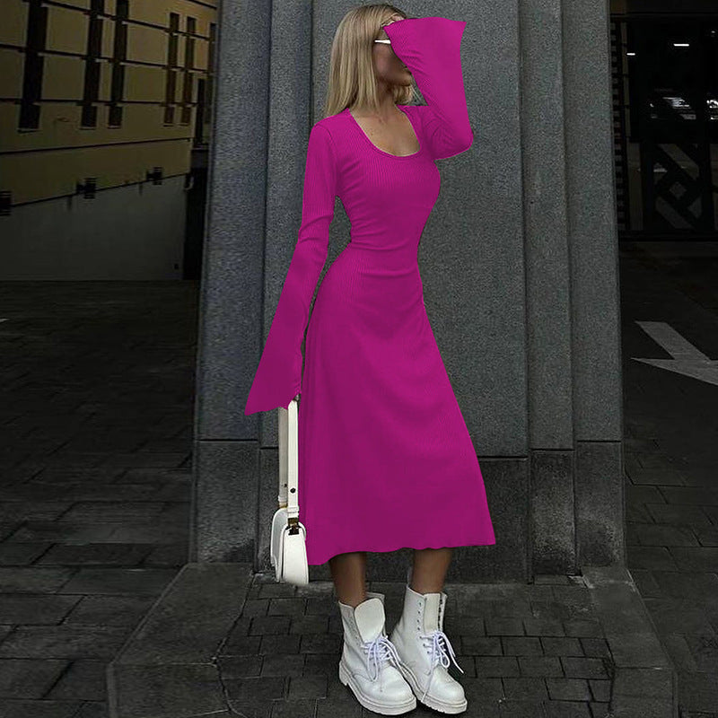 Scoop Neck Long Sleeve Bell Cuff Rib Knit Maxi Dress 3