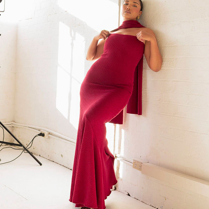 Strapless Ribbed Texture Trumpet Mermaid Matching Scarf Maxi Gown 6