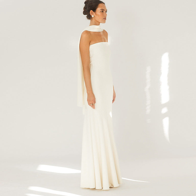 Strapless Straight Bandeau Trumpet Hem Matching Neck Scarf Maxi Gown 3