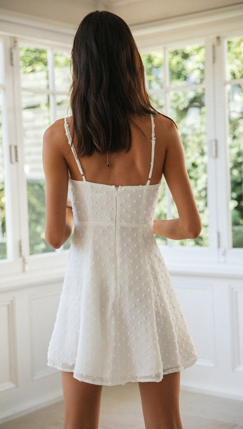 Sweetheart Spaghetti Strap Swiss Dot Ruched Bustier Flared A-Line Mini Dress 3