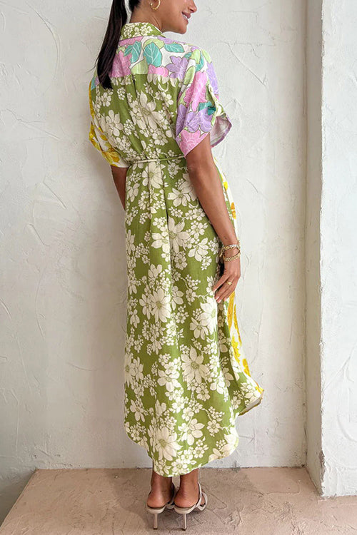 Collared Button Down Short Sleeve Drawstring Patchwork Floral Midi Shirt Dress 2