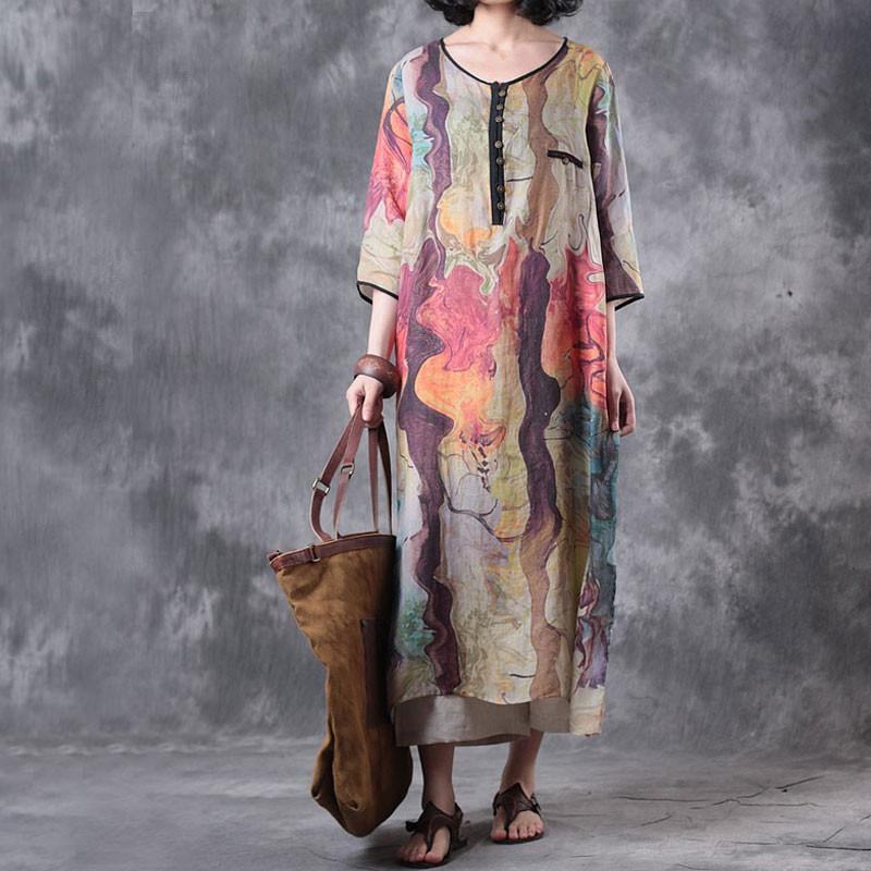 Scoop Neck Colorblock Patchwork Oversized Linen Midi Dress
