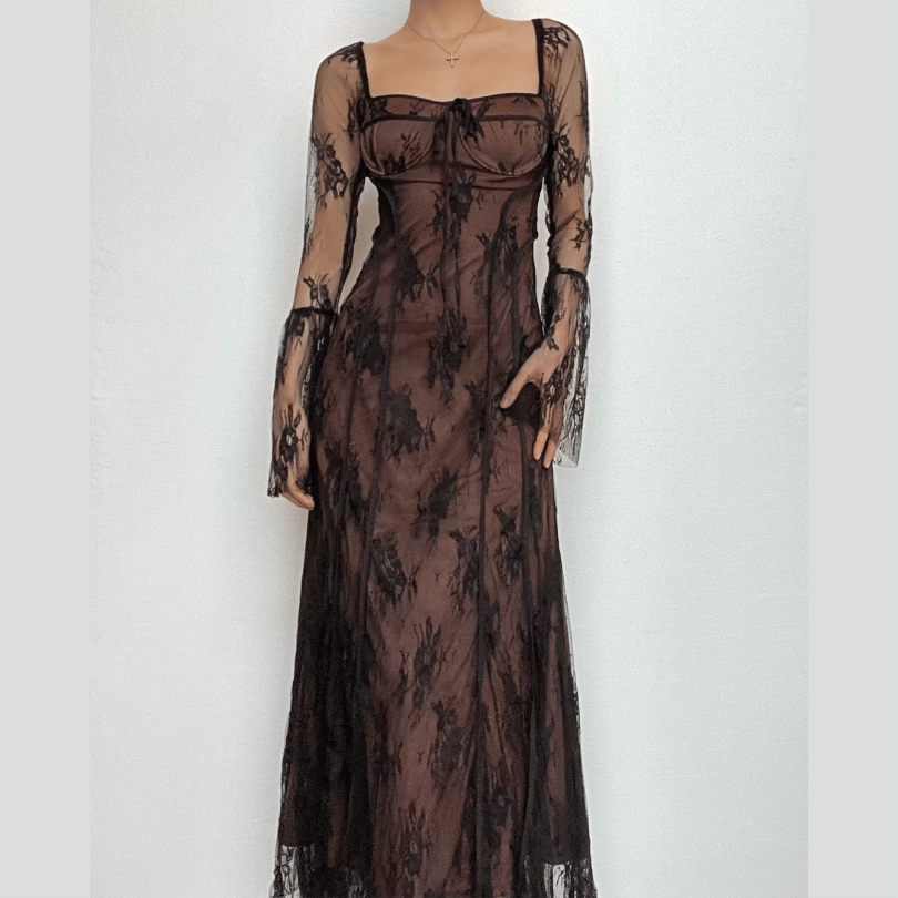 Square Neck Corset Lace Long Sleeve Bell Cuff Paneled Maxi Dress 10