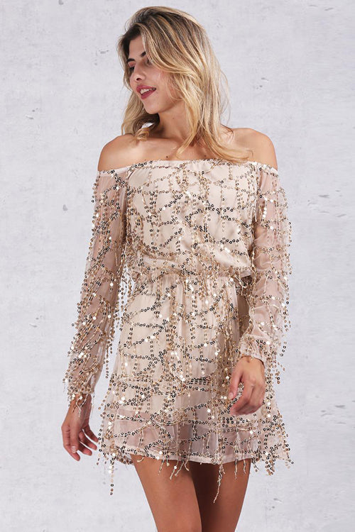 Off Shoulder Sequin Tassel Fringe Mini Dress 4