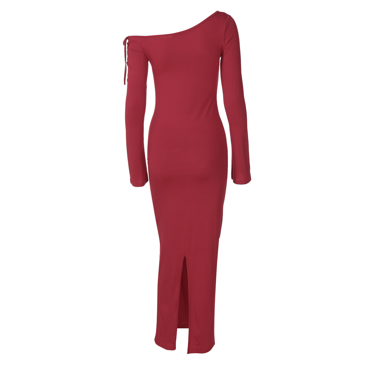 One Shoulder Lace Up Sleeve Bodycon Split Maxi Dress 3