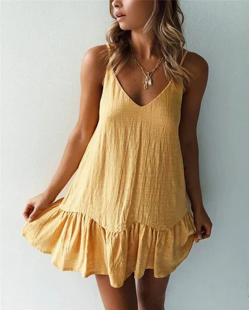 Spaghetti Strap V-Neck Ruffle Hem Linen-Look Mini Dress 2