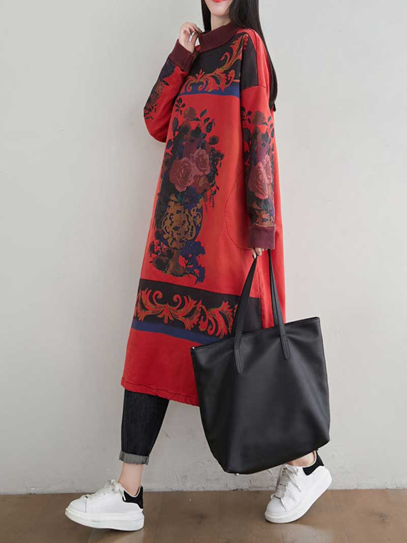 Mock Neck Art Print Oversized Midi Sweater Dress 2