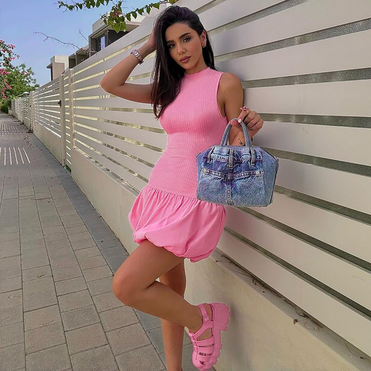 Mock Neck Sleeveless Ribbed Knit Drop Waist Bubble Hem Mini Dress 3