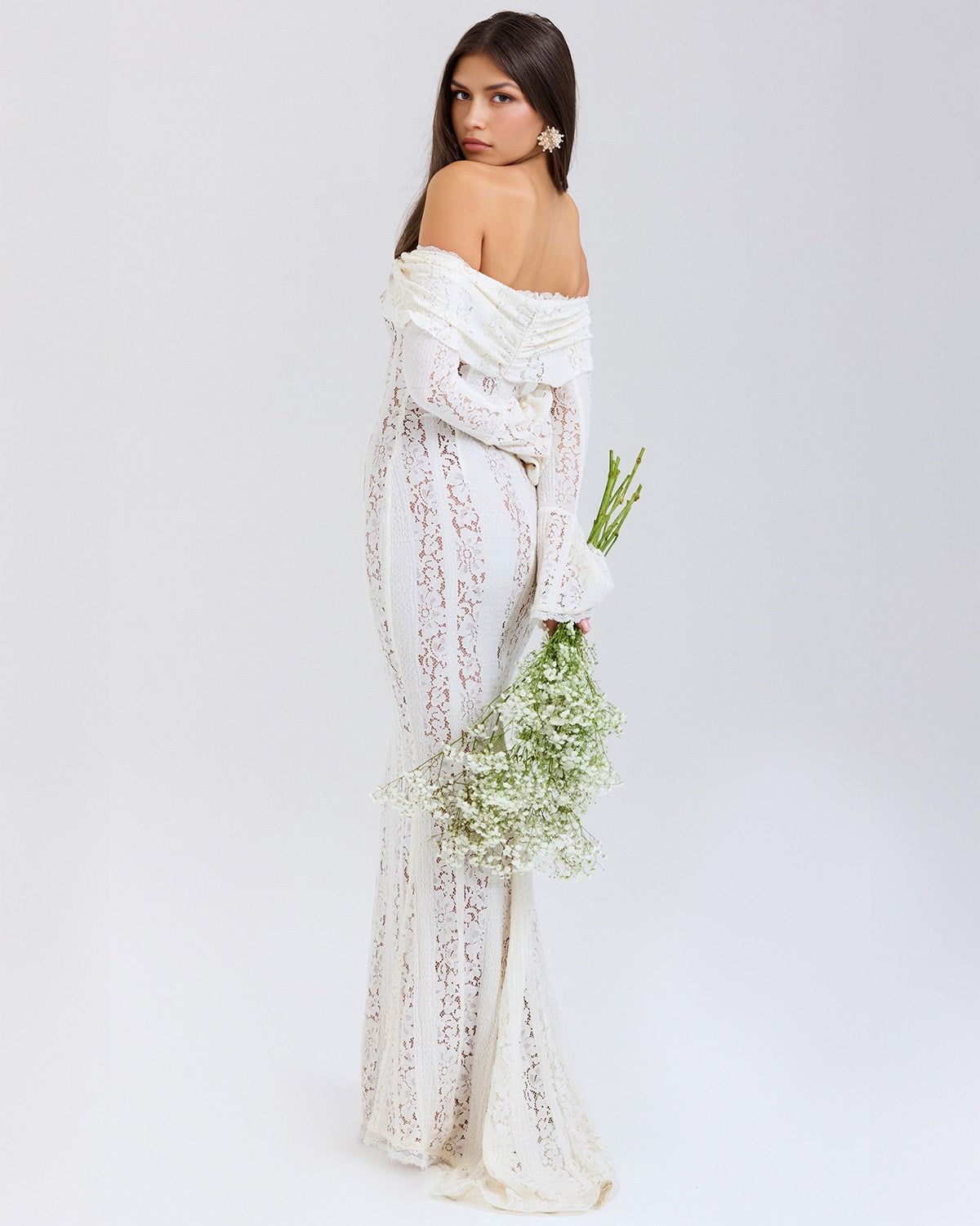 Off Shoulder Lace Ruffle Collar Bell Cuff Mermaid Maxi Gown 3