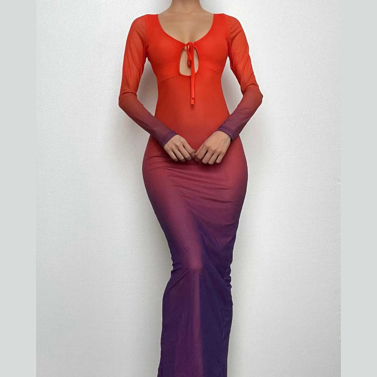 Ombre Mesh Long Sleeve Keyhole Tie Back Slit Maxi Dress
