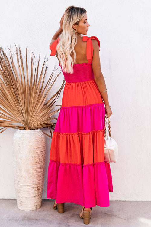 Smocked Square Neck Shoulder Tie Bow Tiered Ruffle Maxi Dress 5