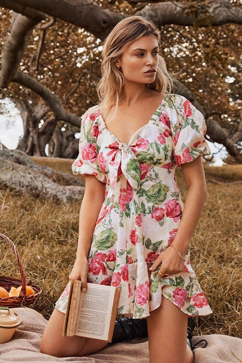 Sweetheart Tie Front Puff Sleeve Ruffle Hem Print Mini Dress
