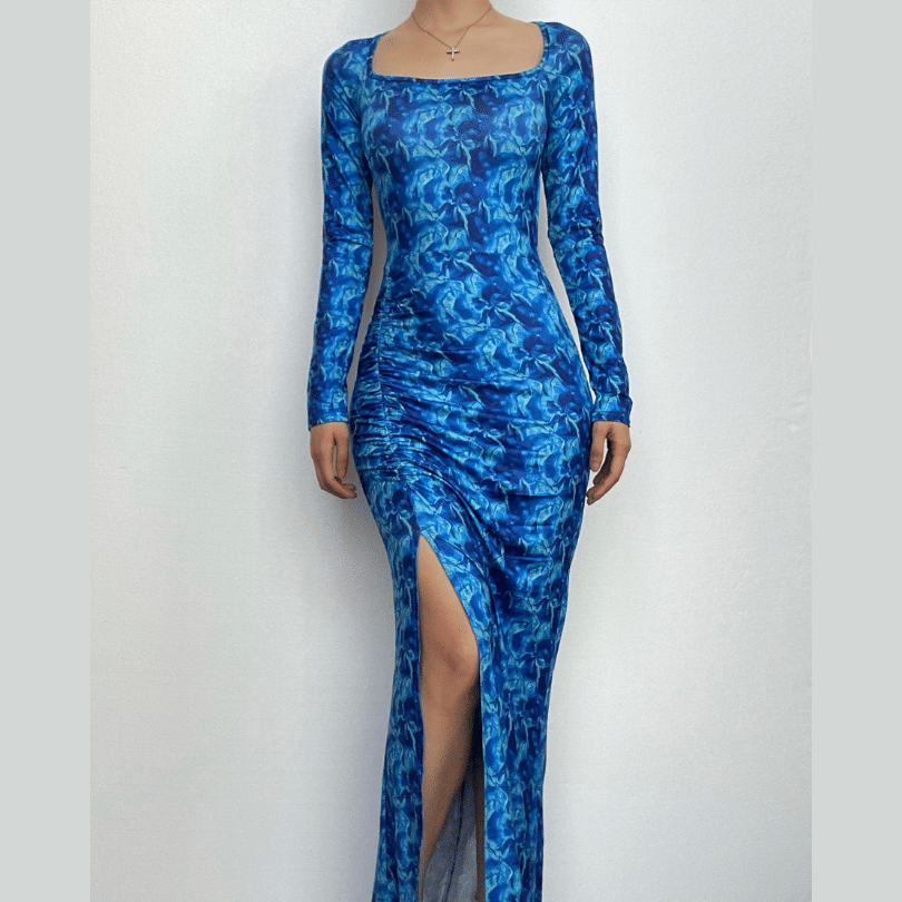 Lace Up Backless Long Sleeve Slit Ruched Print Maxi Dress