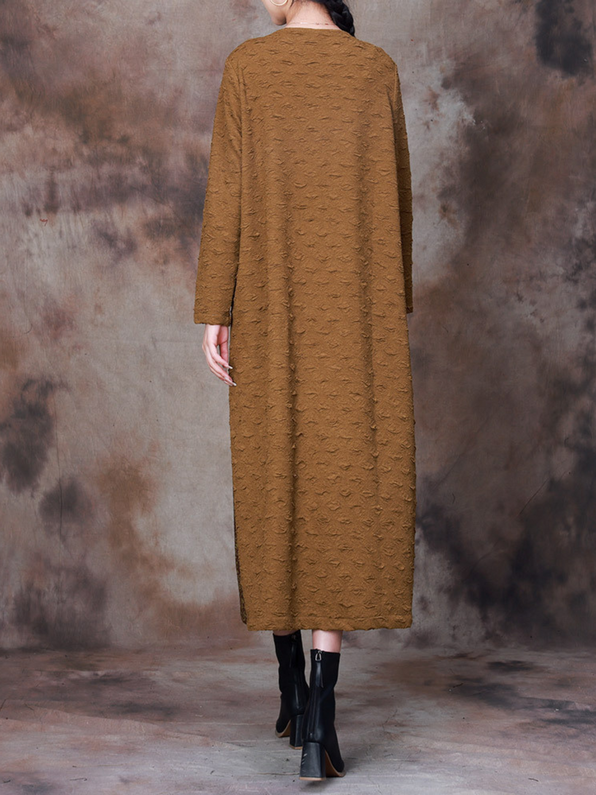 Round Neck Frog Button Patchwork Pocket Textured Midi Shift Dress 3