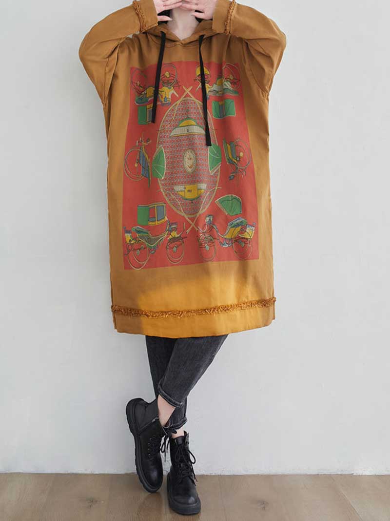 Hooded Drawstring Frayed Hem Graphic Print Oversized Sweatshirt Midi Dress 8