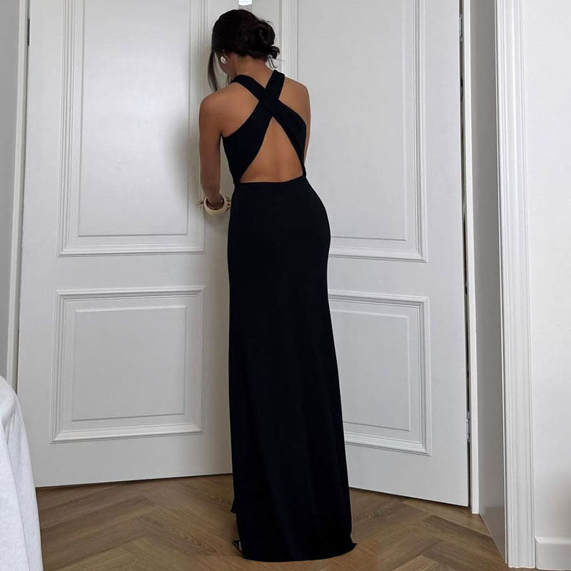 Halter Neck Cutout Waist Ruched Satin Column Maxi Dress 3