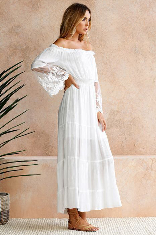 Off Shoulder Smocked Lace Cuff Bell Sleeve Tiered Maxi Dress 3