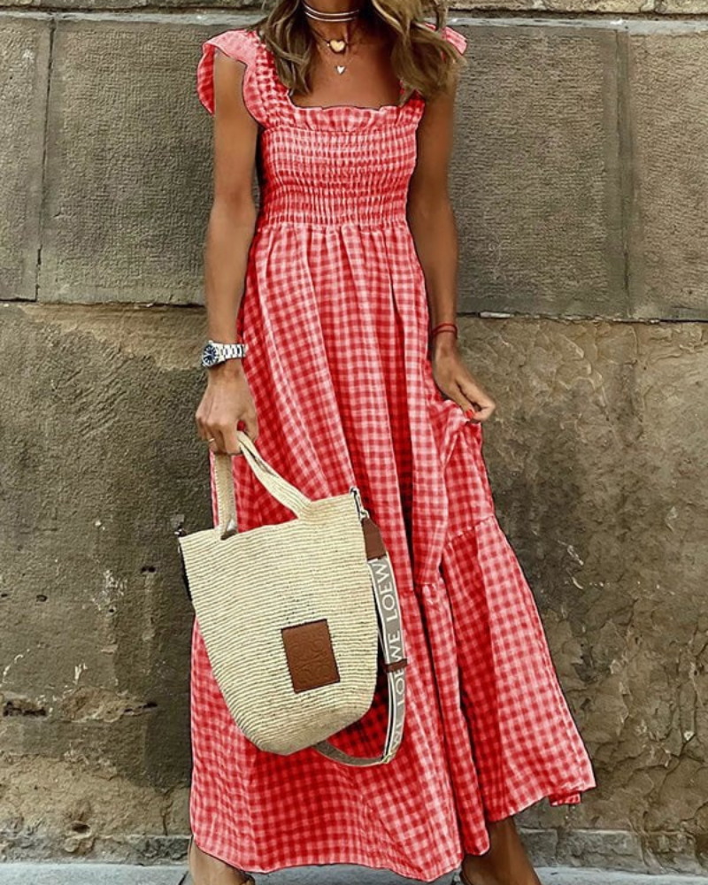 Gingham Smocked Square Neck Flutter Sleeve Tiered Maxi Dress 2
