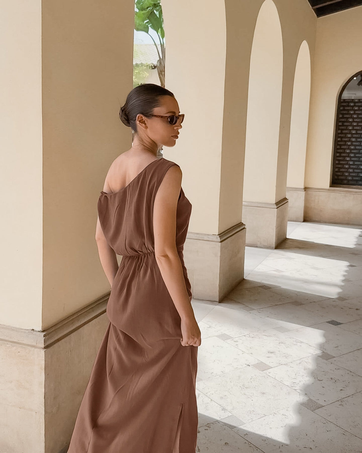 Halter Deep V Ruched Bodice Center Panel Drape Maxi Gown 3