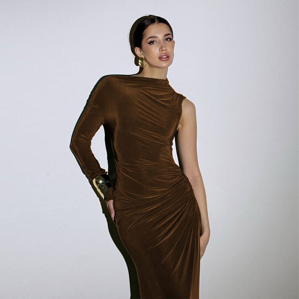 One Sleeve Mock Neck Ruched High Slit Jersey Maxi Dress 3