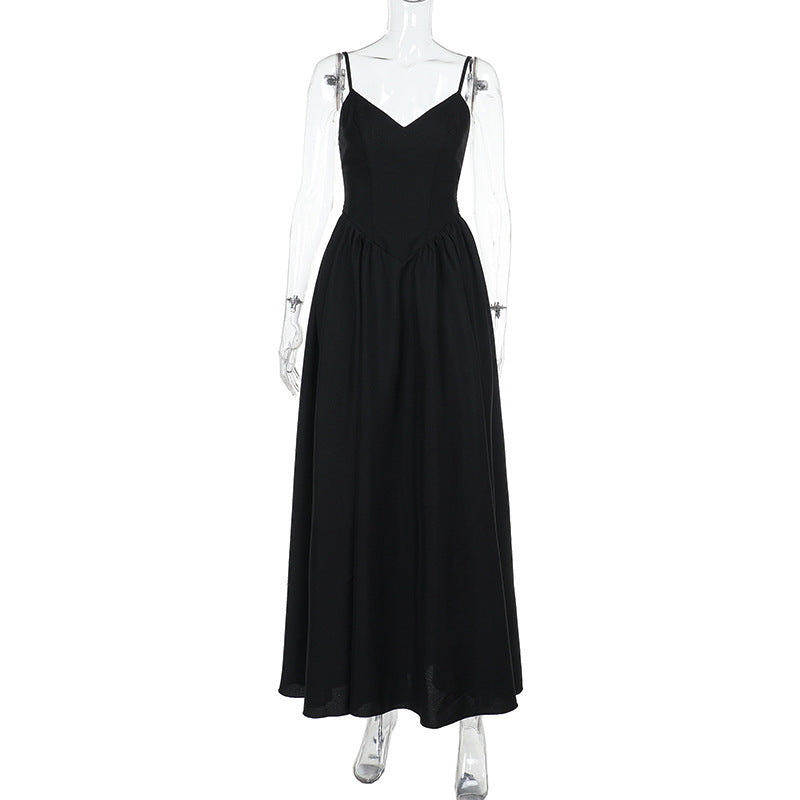 Spaghetti Strap V Neck Dropped Waist Gathered Front Slit Maxi Dress 3