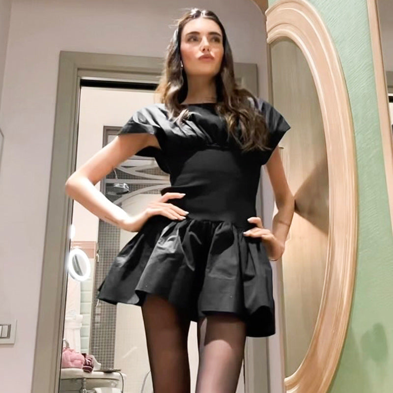 Boat Neck Cap Sleeve Fit and Flare Pleated Skater Mini Dress 3
