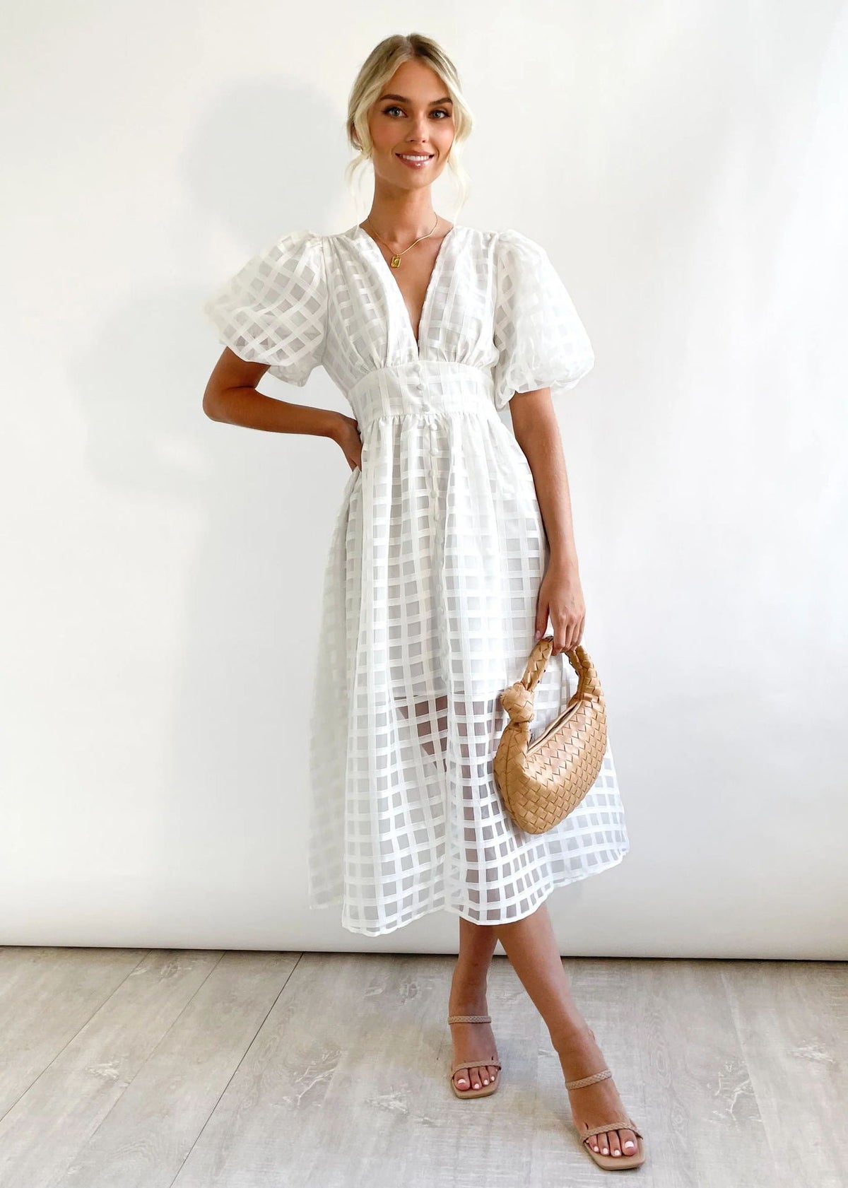Plunge V-Neck Puff Sleeve Button Front Grid Texture Midi Dress 3