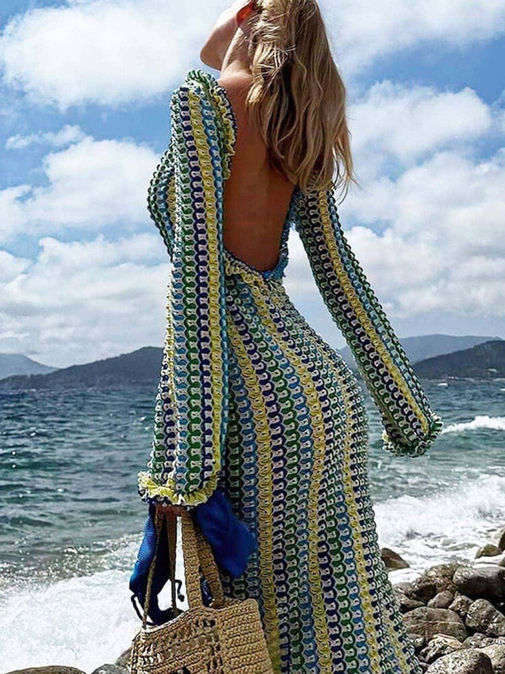 Crew Neck Crochet Zigzag Stripe Open Back Bodycon Maxi Dress 4