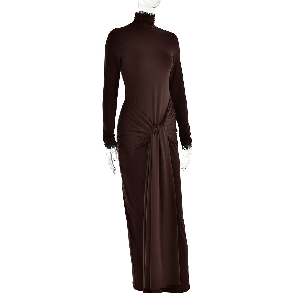 Long Sleeve Mock Neck Front Knot Draped Train Maxi Dress 5