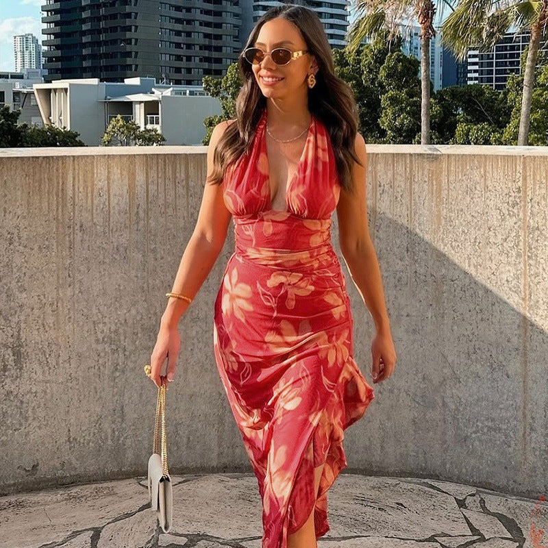 Halter Plunging V Neck Floral Ruched Ruffle Side Slit Maxi Set 3