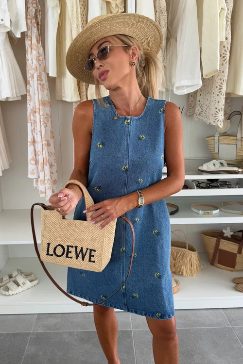 Embroidered Tie Back Denim Mini Dress