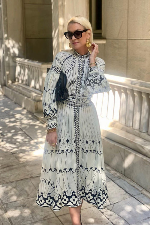 Mandarin Collar Button Front Puff Sleeve Belted Ornamental Print Midi Dress 5