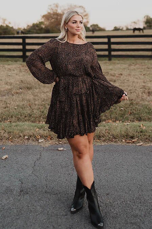 Crew Neck Balloon Sleeve Spot Print Tiered Ruffle Mini Dress 4